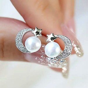 New Sterling Silver Cultured Pearl CZ Half Mood Star Studs